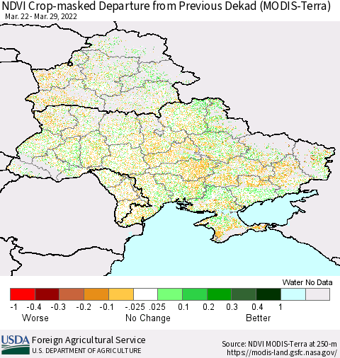 Ukraine, Moldova and Belarus Cropland NDVI Departure from Previous Dekad (Terra-MODIS) Thematic Map For 3/21/2022 - 3/31/2022