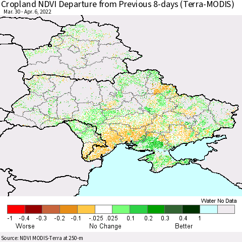 Ukraine, Moldova and Belarus Cropland NDVI Departure from Previous 8-days (Terra-MODIS) Thematic Map For 3/30/2022 - 4/6/2022