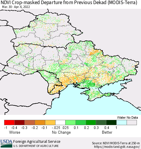 Ukraine, Moldova and Belarus Cropland NDVI Departure from Previous Dekad (Terra-MODIS) Thematic Map For 4/1/2022 - 4/10/2022