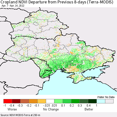 Ukraine, Moldova and Belarus Cropland NDVI Departure from Previous 8-days (Terra-MODIS) Thematic Map For 4/7/2022 - 4/14/2022
