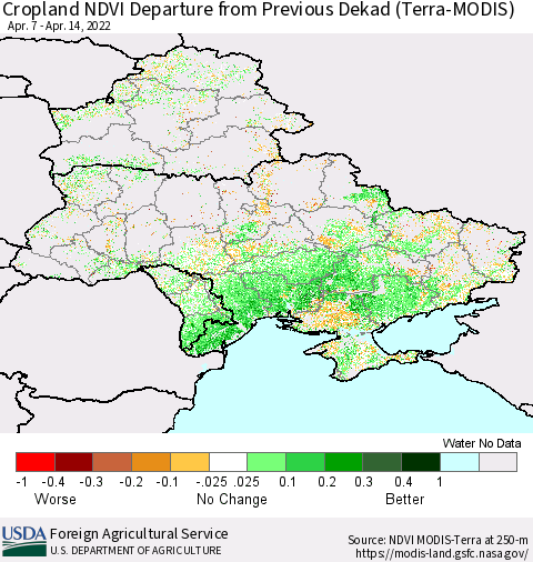 Ukraine, Moldova and Belarus Cropland NDVI Departure from Previous Dekad (Terra-MODIS) Thematic Map For 4/11/2022 - 4/20/2022