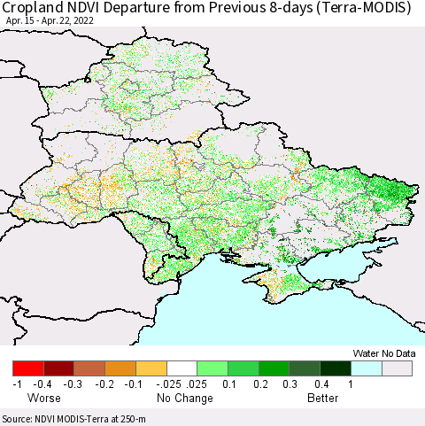 Ukraine, Moldova and Belarus Cropland NDVI Departure from Previous 8-days (Terra-MODIS) Thematic Map For 4/15/2022 - 4/22/2022