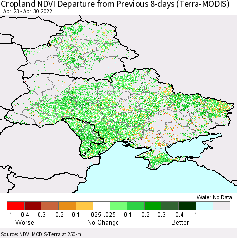 Ukraine, Moldova and Belarus Cropland NDVI Departure from Previous 8-days (Terra-MODIS) Thematic Map For 4/23/2022 - 4/30/2022
