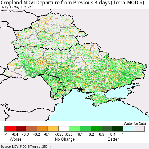 Ukraine, Moldova and Belarus Cropland NDVI Departure from Previous 8-days (Terra-MODIS) Thematic Map For 5/1/2022 - 5/8/2022