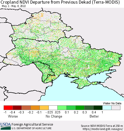 Ukraine, Moldova and Belarus Cropland NDVI Departure from Previous Dekad (Terra-MODIS) Thematic Map For 5/1/2022 - 5/10/2022