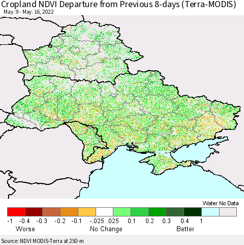 Ukraine, Moldova and Belarus Cropland NDVI Departure from Previous 8-days (Terra-MODIS) Thematic Map For 5/9/2022 - 5/16/2022