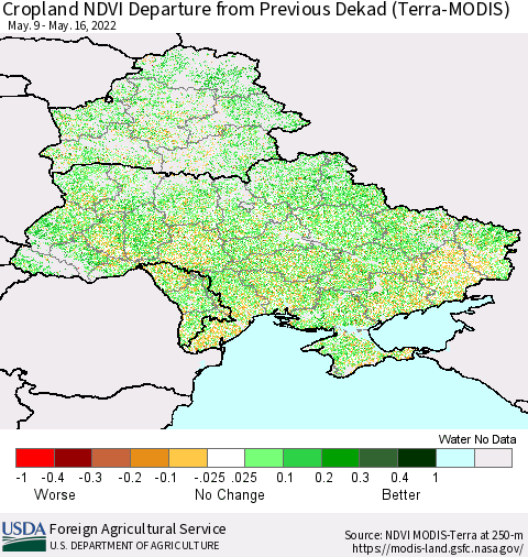 Ukraine, Moldova and Belarus Cropland NDVI Departure from Previous Dekad (Terra-MODIS) Thematic Map For 5/11/2022 - 5/20/2022