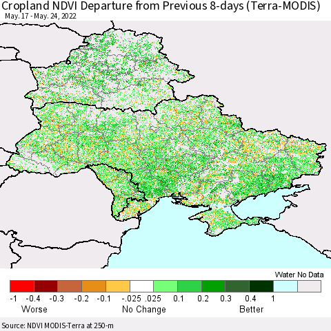 Ukraine, Moldova and Belarus Cropland NDVI Departure from Previous 8-days (Terra-MODIS) Thematic Map For 5/17/2022 - 5/24/2022