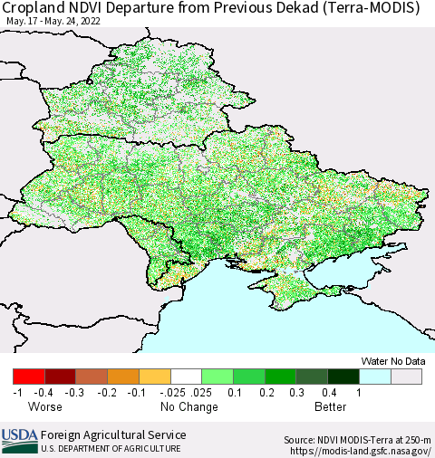 Ukraine, Moldova and Belarus Cropland NDVI Departure from Previous Dekad (Terra-MODIS) Thematic Map For 5/21/2022 - 5/31/2022