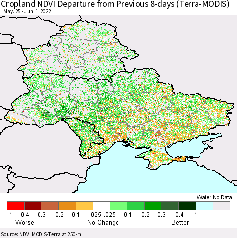Ukraine, Moldova and Belarus Cropland NDVI Departure from Previous 8-days (Terra-MODIS) Thematic Map For 5/25/2022 - 6/1/2022