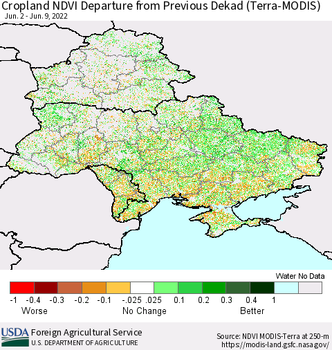 Ukraine, Moldova and Belarus Cropland NDVI Departure from Previous Dekad (Terra-MODIS) Thematic Map For 6/1/2022 - 6/10/2022