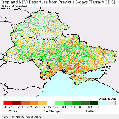 Ukraine, Moldova and Belarus Cropland NDVI Departure from Previous 8-days (Terra-MODIS) Thematic Map For 6/10/2022 - 6/17/2022
