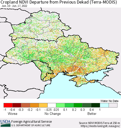 Ukraine, Moldova and Belarus Cropland NDVI Departure from Previous Dekad (Terra-MODIS) Thematic Map For 6/11/2022 - 6/20/2022