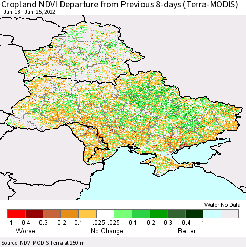 Ukraine, Moldova and Belarus Cropland NDVI Departure from Previous 8-days (Terra-MODIS) Thematic Map For 6/18/2022 - 6/25/2022