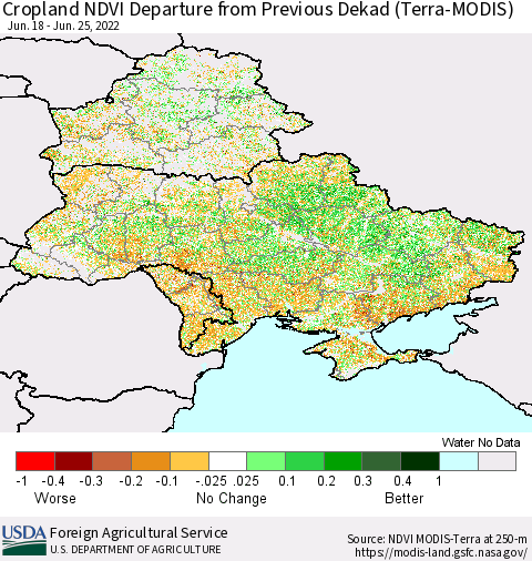 Ukraine, Moldova and Belarus Cropland NDVI Departure from Previous Dekad (Terra-MODIS) Thematic Map For 6/21/2022 - 6/30/2022