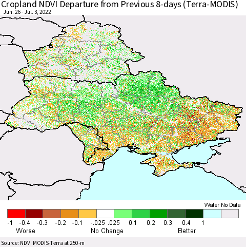 Ukraine, Moldova and Belarus Cropland NDVI Departure from Previous 8-days (Terra-MODIS) Thematic Map For 6/26/2022 - 7/3/2022
