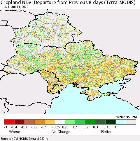 Ukraine, Moldova and Belarus Cropland NDVI Departure from Previous 8-days (Terra-MODIS) Thematic Map For 7/4/2022 - 7/11/2022