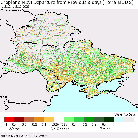 Ukraine, Moldova and Belarus Cropland NDVI Departure from Previous 8-days (Terra-MODIS) Thematic Map For 7/12/2022 - 7/19/2022