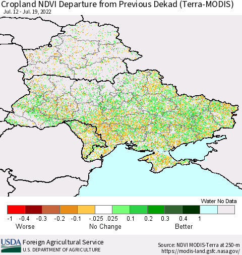 Ukraine, Moldova and Belarus Cropland NDVI Departure from Previous Dekad (Terra-MODIS) Thematic Map For 7/11/2022 - 7/20/2022