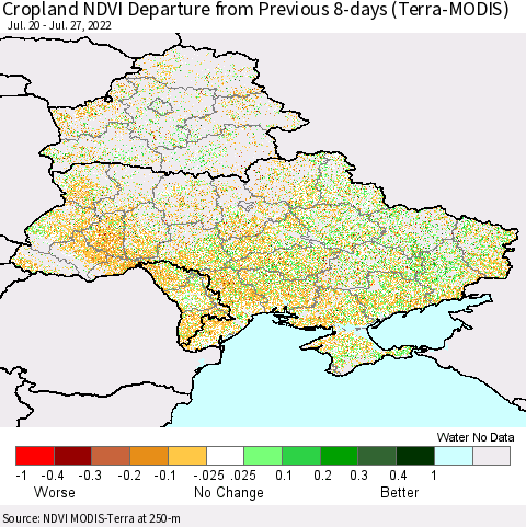 Ukraine, Moldova and Belarus Cropland NDVI Departure from Previous 8-days (Terra-MODIS) Thematic Map For 7/20/2022 - 7/27/2022