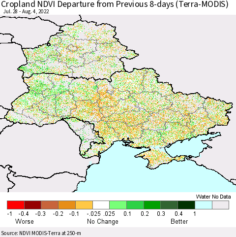 Ukraine, Moldova and Belarus Cropland NDVI Departure from Previous 8-days (Terra-MODIS) Thematic Map For 7/28/2022 - 8/4/2022