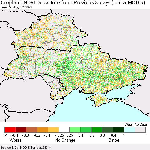 Ukraine, Moldova and Belarus Cropland NDVI Departure from Previous 8-days (Terra-MODIS) Thematic Map For 8/5/2022 - 8/12/2022
