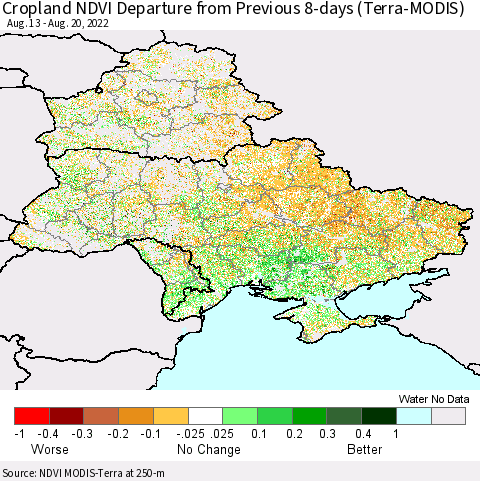 Ukraine, Moldova and Belarus Cropland NDVI Departure from Previous Dekad (Terra-MODIS) Thematic Map For 8/11/2022 - 8/20/2022