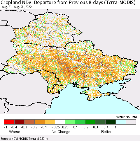 Ukraine, Moldova and Belarus Cropland NDVI Departure from Previous 8-days (Terra-MODIS) Thematic Map For 8/21/2022 - 8/28/2022