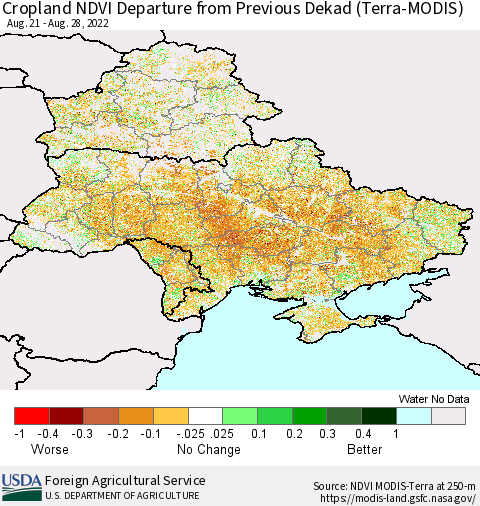 Ukraine, Moldova and Belarus Cropland NDVI Departure from Previous Dekad (Terra-MODIS) Thematic Map For 8/21/2022 - 8/31/2022