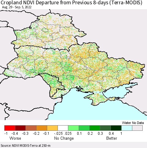 Ukraine, Moldova and Belarus Cropland NDVI Departure from Previous 8-days (Terra-MODIS) Thematic Map For 8/29/2022 - 9/5/2022