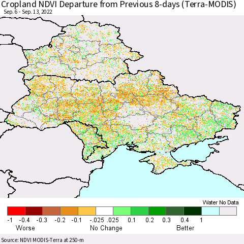 Ukraine, Moldova and Belarus Cropland NDVI Departure from Previous 8-days (Terra-MODIS) Thematic Map For 9/6/2022 - 9/13/2022