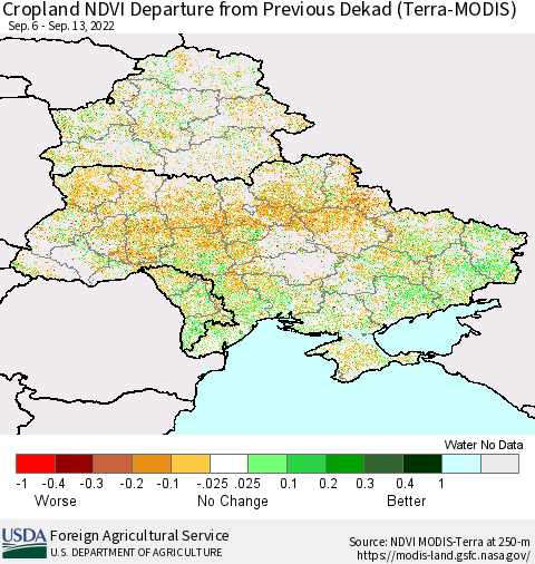 Ukraine, Moldova and Belarus Cropland NDVI Departure from Previous Dekad (Terra-MODIS) Thematic Map For 9/11/2022 - 9/20/2022