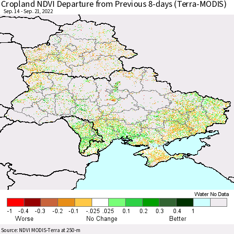 Ukraine, Moldova and Belarus Cropland NDVI Departure from Previous 8-days (Terra-MODIS) Thematic Map For 9/14/2022 - 9/21/2022