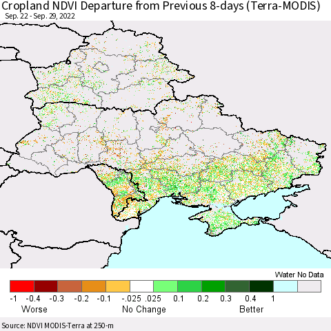 Ukraine, Moldova and Belarus Cropland NDVI Departure from Previous 8-days (Terra-MODIS) Thematic Map For 9/22/2022 - 9/29/2022