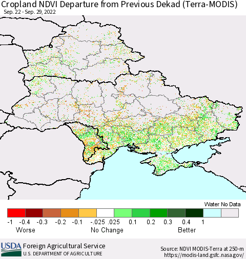 Ukraine, Moldova and Belarus Cropland NDVI Departure from Previous Dekad (Terra-MODIS) Thematic Map For 9/21/2022 - 9/30/2022