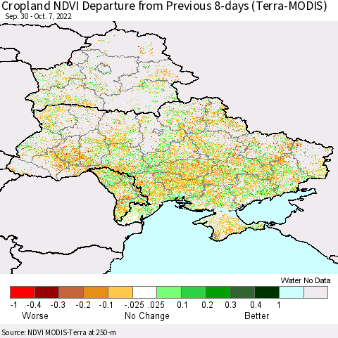 Ukraine, Moldova and Belarus Cropland NDVI Departure from Previous 8-days (Terra-MODIS) Thematic Map For 9/30/2022 - 10/7/2022
