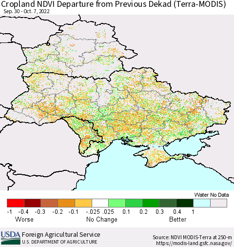 Ukraine, Moldova and Belarus Cropland NDVI Departure from Previous Dekad (Terra-MODIS) Thematic Map For 10/1/2022 - 10/10/2022
