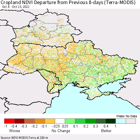 Ukraine, Moldova and Belarus Cropland NDVI Departure from Previous 8-days (Terra-MODIS) Thematic Map For 10/8/2022 - 10/15/2022