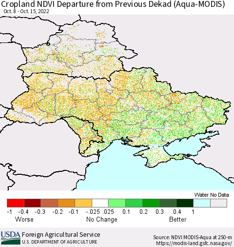 Ukraine, Moldova and Belarus Cropland NDVI Departure from Previous Dekad (Terra-MODIS) Thematic Map For 10/11/2022 - 10/20/2022