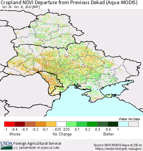 Ukraine, Moldova and Belarus Cropland NDVI Departure from Previous Dekad (Terra-MODIS) Thematic Map For 10/21/2022 - 10/31/2022