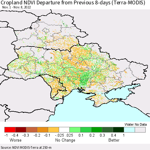 Ukraine, Moldova and Belarus Cropland NDVI Departure from Previous 8-days (Terra-MODIS) Thematic Map For 11/1/2022 - 11/8/2022
