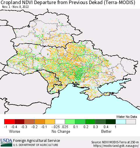 Ukraine, Moldova and Belarus Cropland NDVI Departure from Previous Dekad (Terra-MODIS) Thematic Map For 11/1/2022 - 11/10/2022