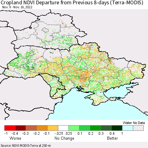 Ukraine, Moldova and Belarus Cropland NDVI Departure from Previous 8-days (Terra-MODIS) Thematic Map For 11/9/2022 - 11/16/2022