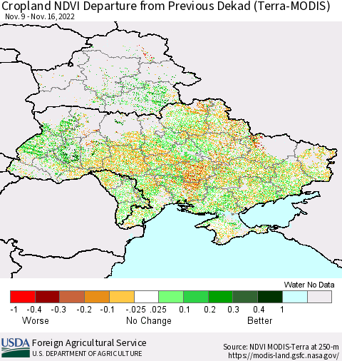 Ukraine, Moldova and Belarus Cropland NDVI Departure from Previous Dekad (Terra-MODIS) Thematic Map For 11/11/2022 - 11/20/2022
