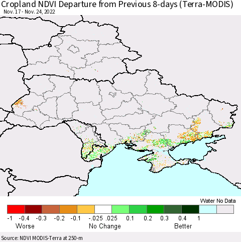 Ukraine, Moldova and Belarus Cropland NDVI Departure from Previous 8-days (Terra-MODIS) Thematic Map For 11/17/2022 - 11/24/2022
