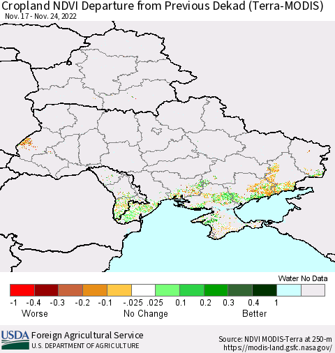 Ukraine, Moldova and Belarus Cropland NDVI Departure from Previous Dekad (Terra-MODIS) Thematic Map For 11/21/2022 - 11/30/2022