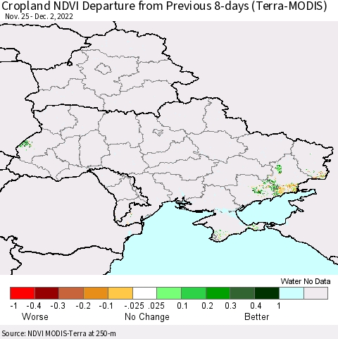 Ukraine, Moldova and Belarus Cropland NDVI Departure from Previous 8-days (Terra-MODIS) Thematic Map For 11/25/2022 - 12/2/2022