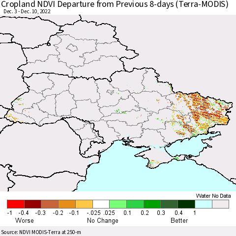 Ukraine, Moldova and Belarus Cropland NDVI Departure from Previous Dekad (Terra-MODIS) Thematic Map For 12/1/2022 - 12/10/2022