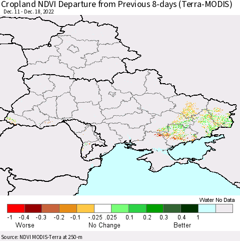 Ukraine, Moldova and Belarus Cropland NDVI Departure from Previous 8-days (Terra-MODIS) Thematic Map For 12/11/2022 - 12/18/2022