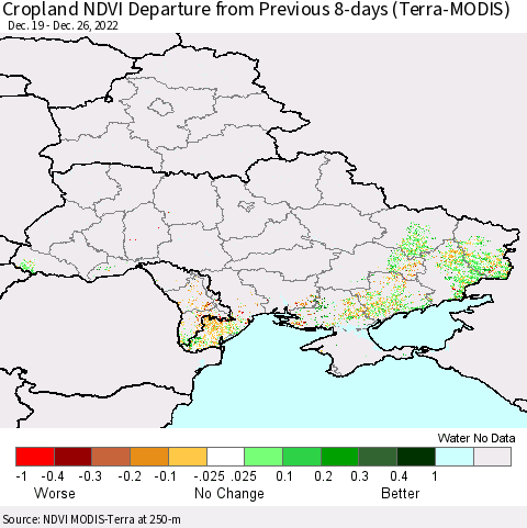 Ukraine, Moldova and Belarus Cropland NDVI Departure from Previous 8-days (Terra-MODIS) Thematic Map For 12/19/2022 - 12/26/2022